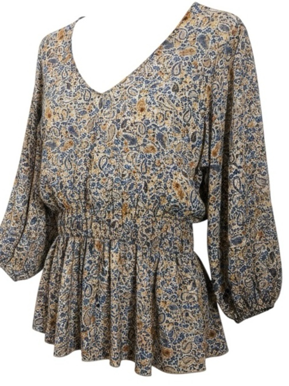 Dex Blue and Tan Paisley V-Neck Long Sleeve Top size 1X